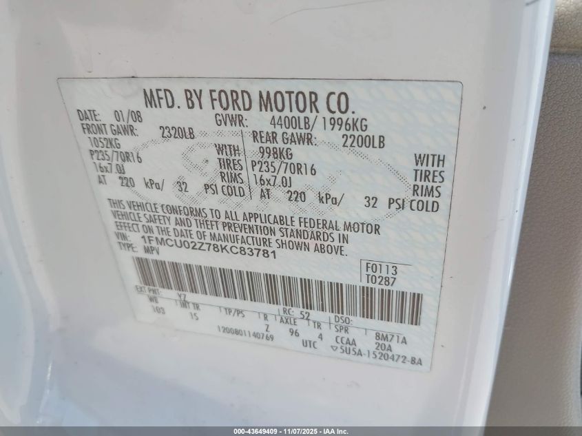 2008 Ford Escape Xls/Xls Manual VIN: 1FMCU02Z78KC83781 Lot: 43649409