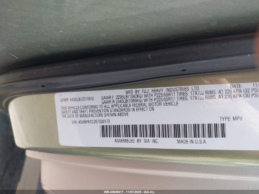 2006 Subaru Outback 2.5I VIN: 4S4BP61C267330170 Lot: 43649417