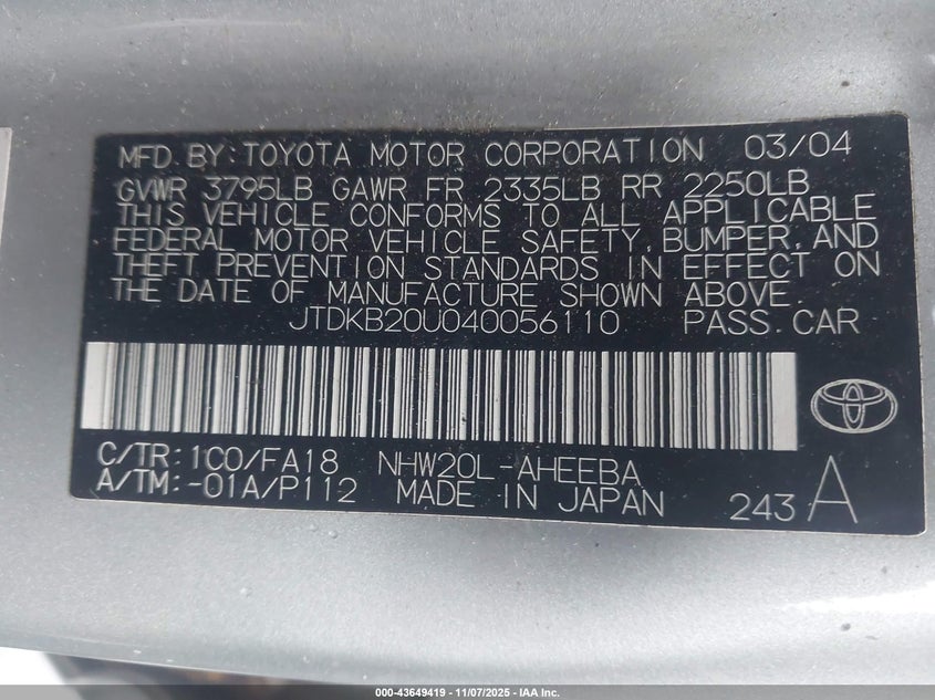 JTDKB20U040056110 2004 TOYOTA PRIUS photo no. 9
