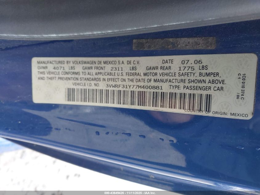2007 Volkswagen New Beetle 2.5 VIN: 3VWRF31Y77M400881 Lot: 43649426