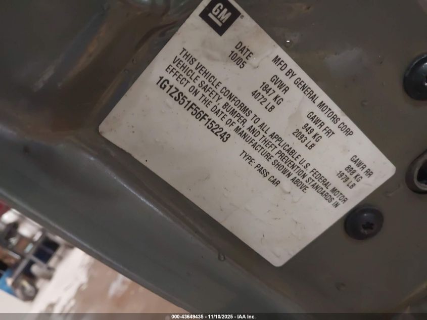 2006 Chevrolet Malibu Ls VIN: 1G1ZS51F56F152243 Lot: 43649435