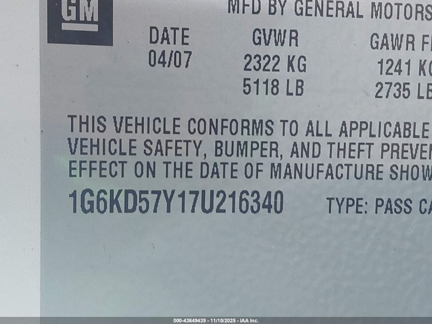 2007 Cadillac Dts Luxury Ii VIN: 1G6KD57Y17U216340 Lot: 43649439