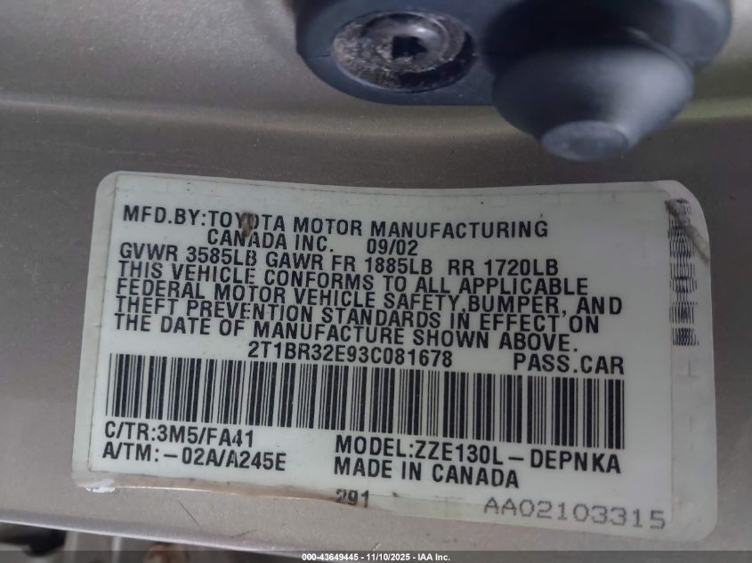 2003 Toyota Corolla Le VIN: 2T1BR32E93C081678 Lot: 43649445