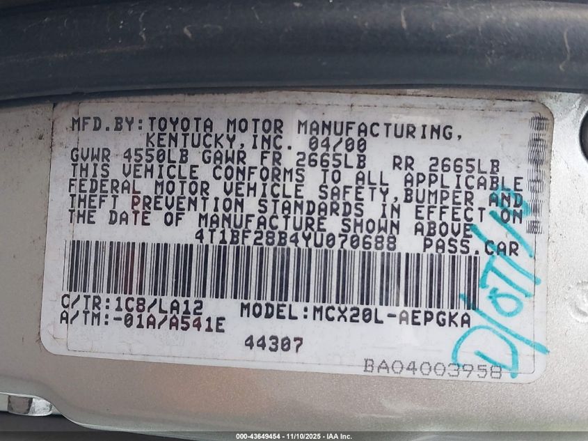 2000 Toyota Avalon Xls VIN: 4T1BF28B4YU070688 Lot: 43649454
