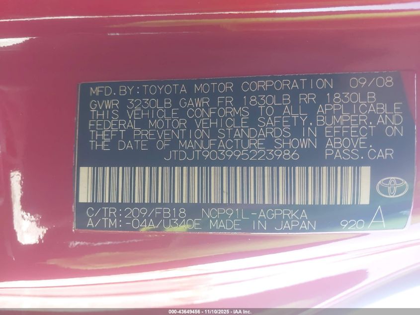 2009 Toyota Yaris S VIN: JTDJT903995223986 Lot: 43649456