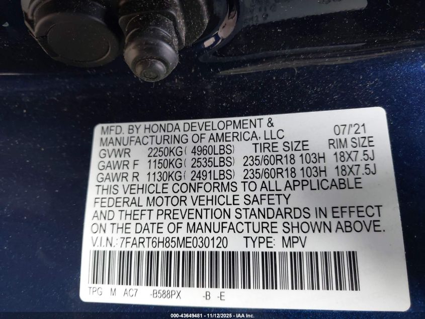 2021 Honda Cr-V Hybrid Ex-L VIN: 7FART6H85ME030120 Lot: 43649481