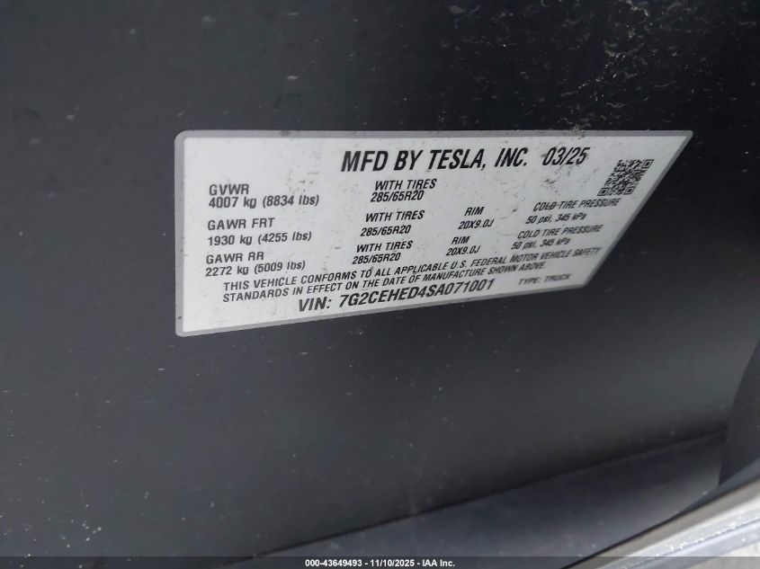 2025 Tesla Cybertruck All-Wheel Drive VIN: 7G2CEHED4SA071001 Lot: 43649493