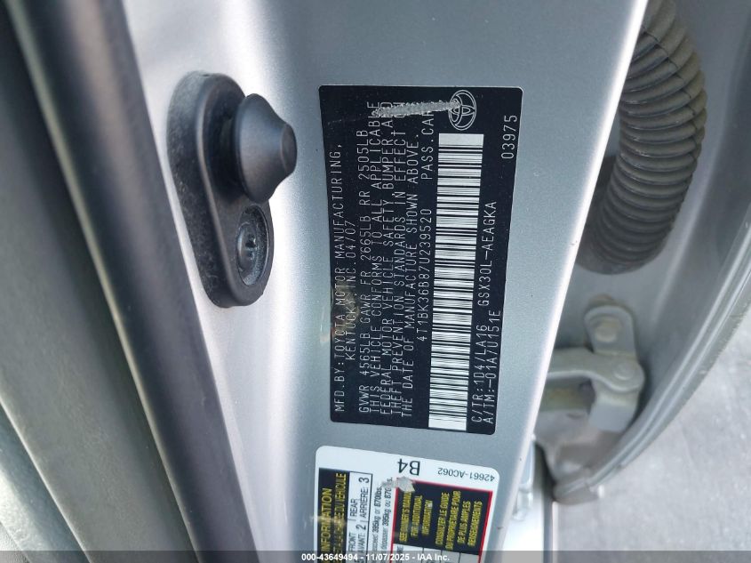 2007 Toyota Avalon Xls VIN: 4T1BK36B87U239520 Lot: 43649494