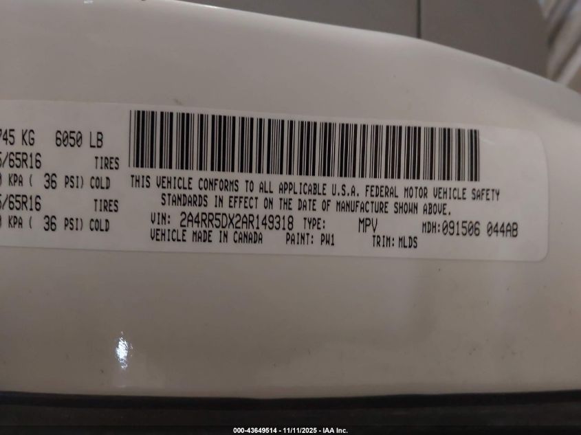 2010 Chrysler Town & Country Touring VIN: 2A4RR5DX2AR149318 Lot: 43649514