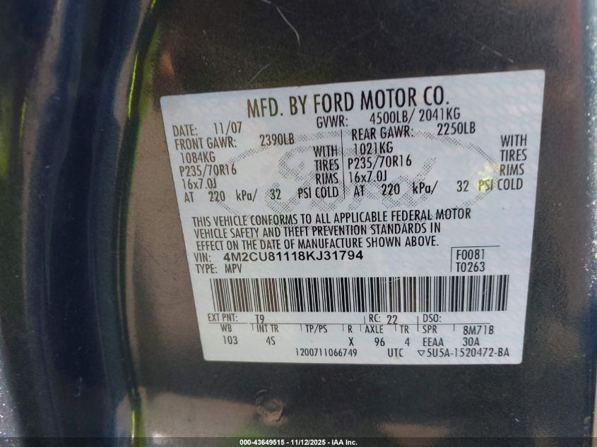 2008 Mercury Mariner V6 VIN: 4M2CU81118KJ31794 Lot: 43649515