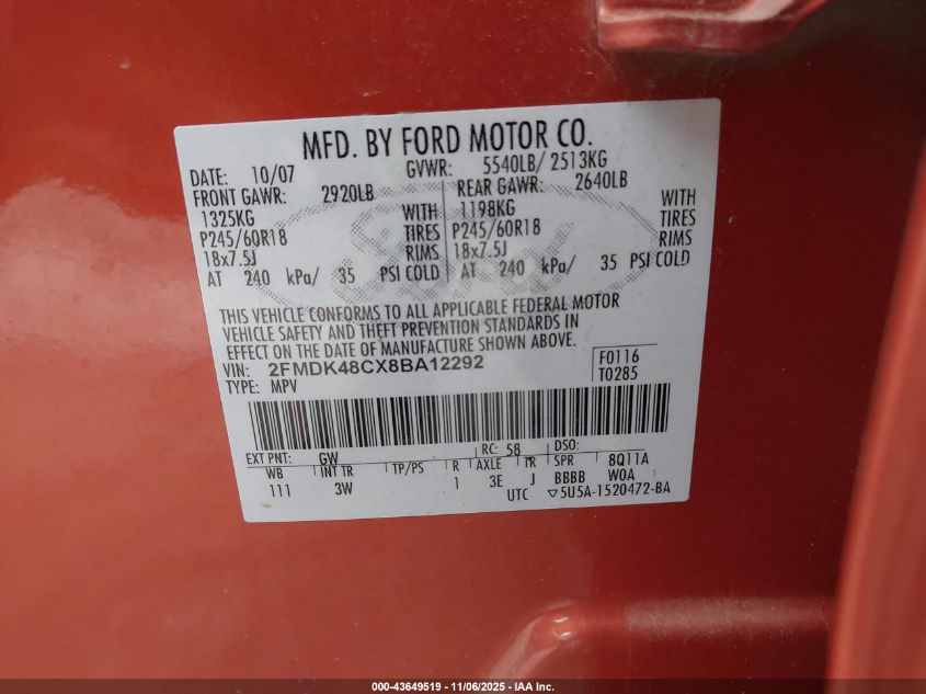 2008 Ford Edge Sel VIN: 2FMDK48CX8BA12292 Lot: 43649519