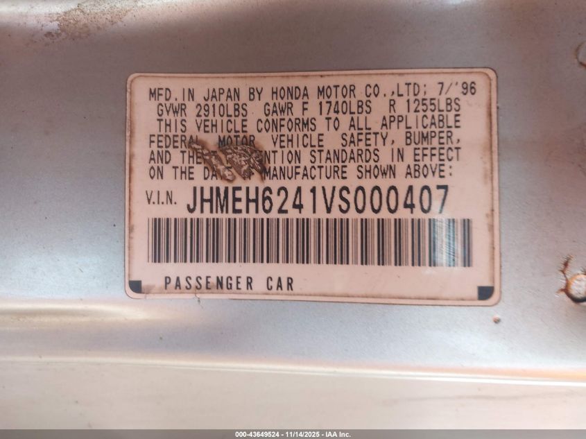 1997 Honda Del Sol S VIN: JHMEH6241VS000407 Lot: 43649524