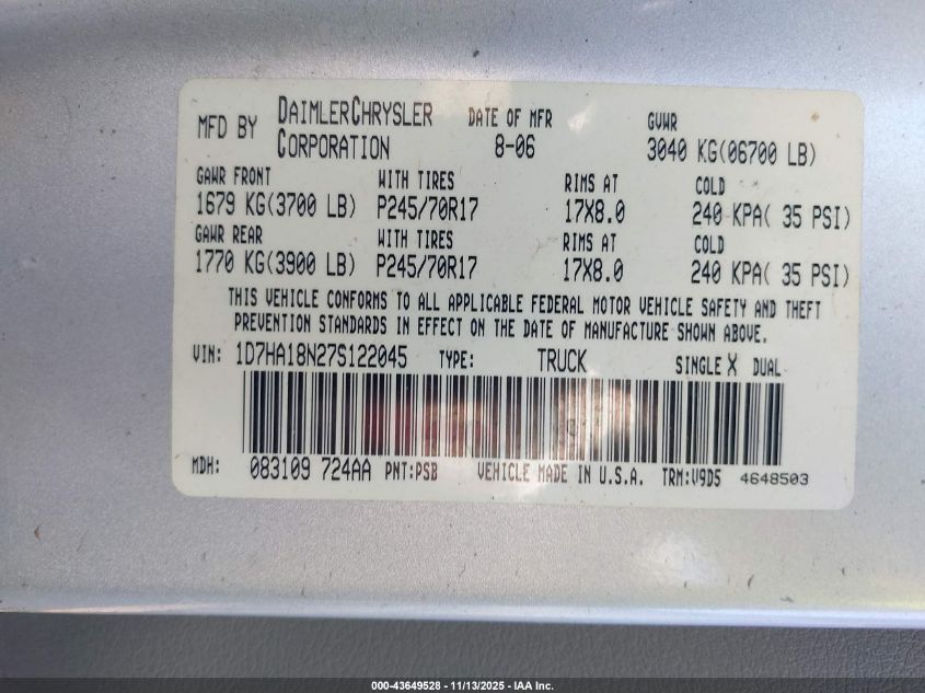 2007 Dodge Ram 1500 Slt VIN: 1D7HA18N27S122045 Lot: 43649528