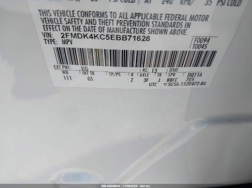 2014 Ford Edge Limited VIN: 2FMDK4KC5EBB71628 Lot: 43649548