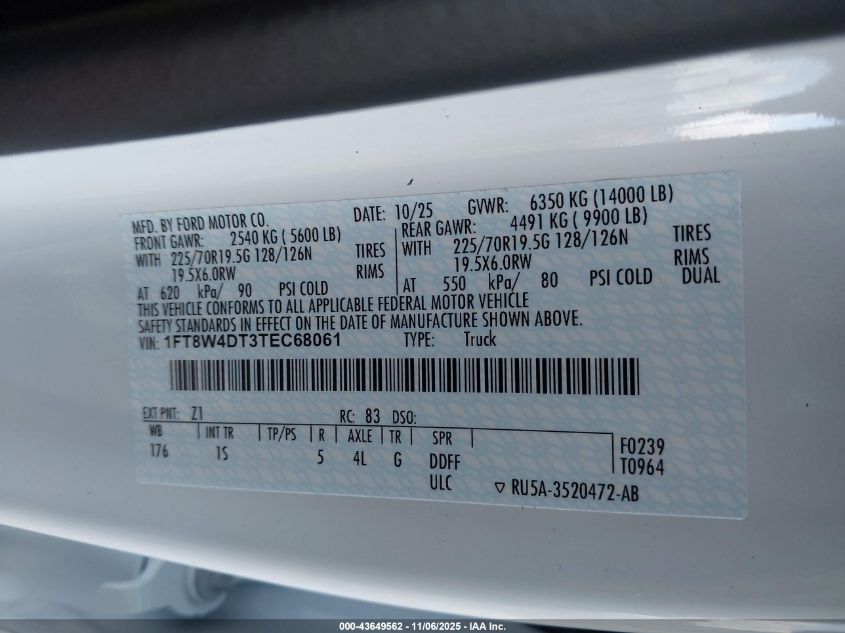 2026 Ford F-450 Xl VIN: 1FT8W4DT3TEC68061 Lot: 43649562