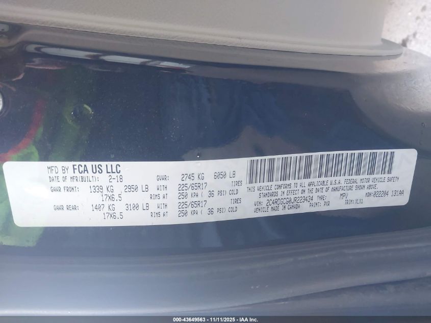 2018 Dodge Grand Caravan Sxt VIN: 2C4RDGCG0JR223434 Lot: 43649563