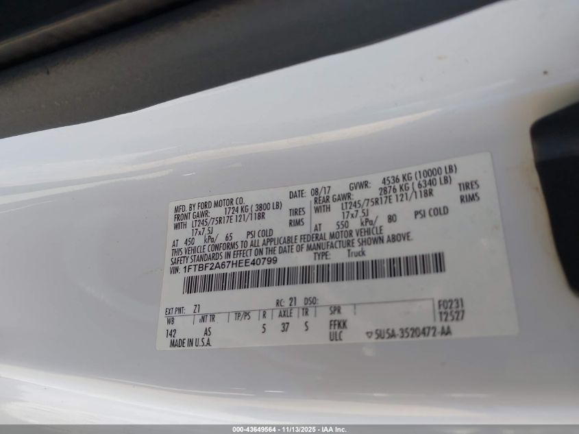 2017 Ford F-250 Xl VIN: 1FTBF2A67HEE40799 Lot: 43649564