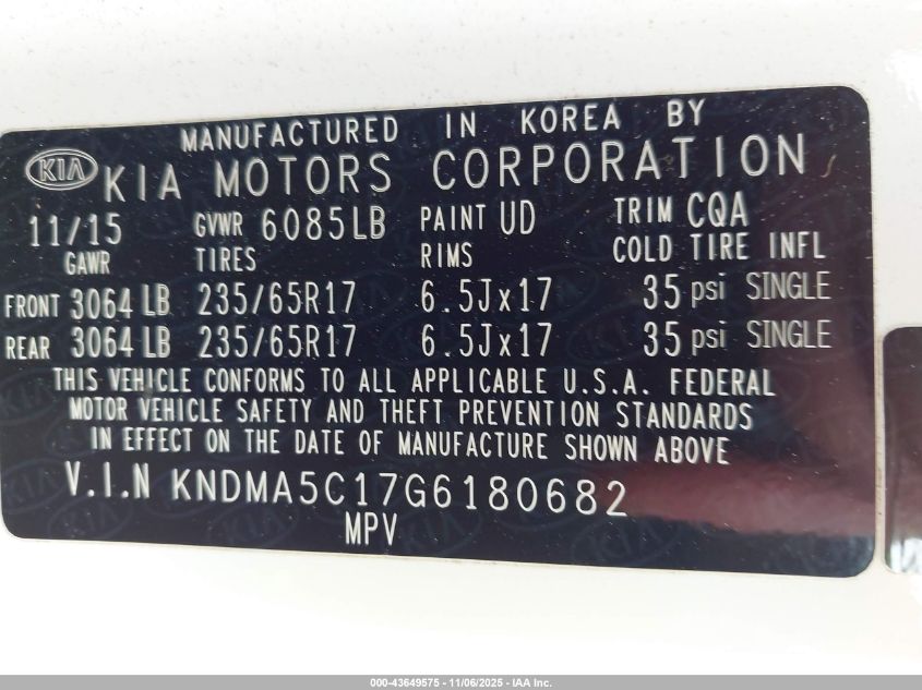 2016 Kia Sedona L VIN: KNDMA5C17G6180682 Lot: 43649575