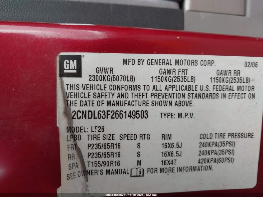 2006 Chevrolet Equinox Lt VIN: 2CNDL63F266149503 Lot: 43649578