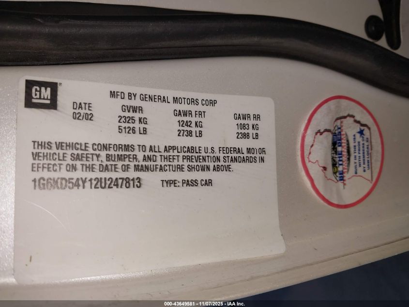 2002 Cadillac Deville Standard VIN: 1G6KD54Y12U247813 Lot: 43649581