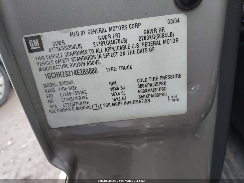 1GCHK29214E289086 2004 CHEVROLET SILVERADO photo no. 9