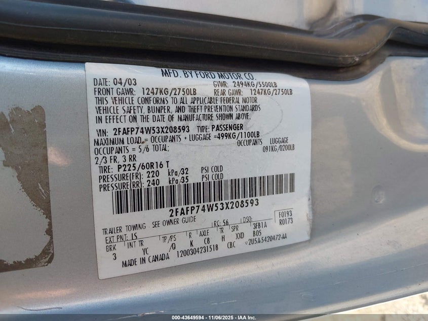 2003 Ford Crown Victoria Lx VIN: 2FAFP74W53X208593 Lot: 43649594