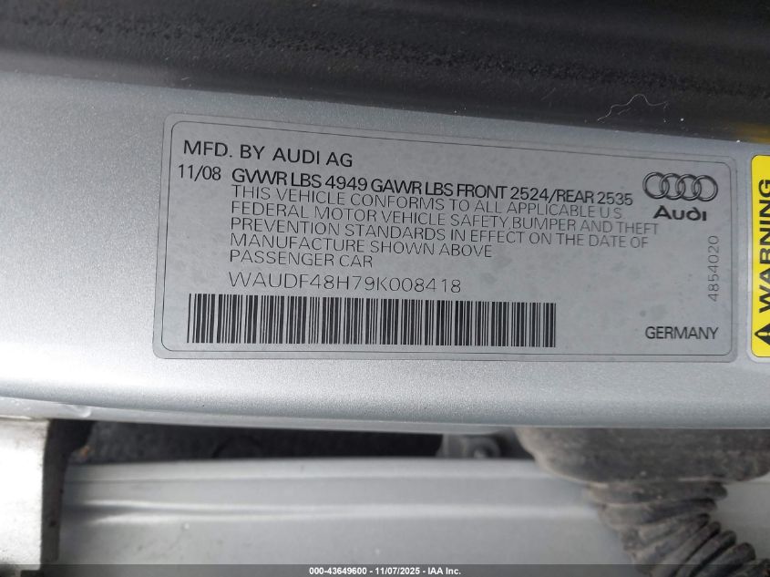 2009 Audi A4 2.0T Cabriolet Quattro VIN: WAUDF48H79K008418 Lot: 43649600