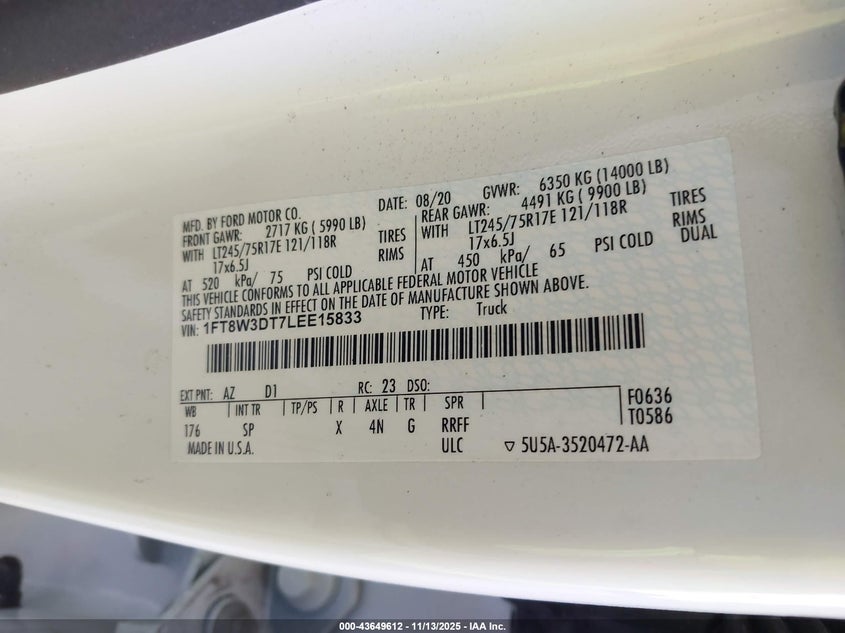 2020 Ford F-350 King Ranch VIN: 1FT8W3DT7LEE15833 Lot: 43649612