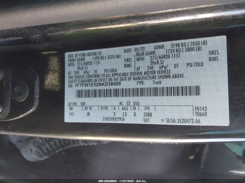 2022 Ford F-150 Xl VIN: 1FTFW1E52NKD38689 Lot: 43649650