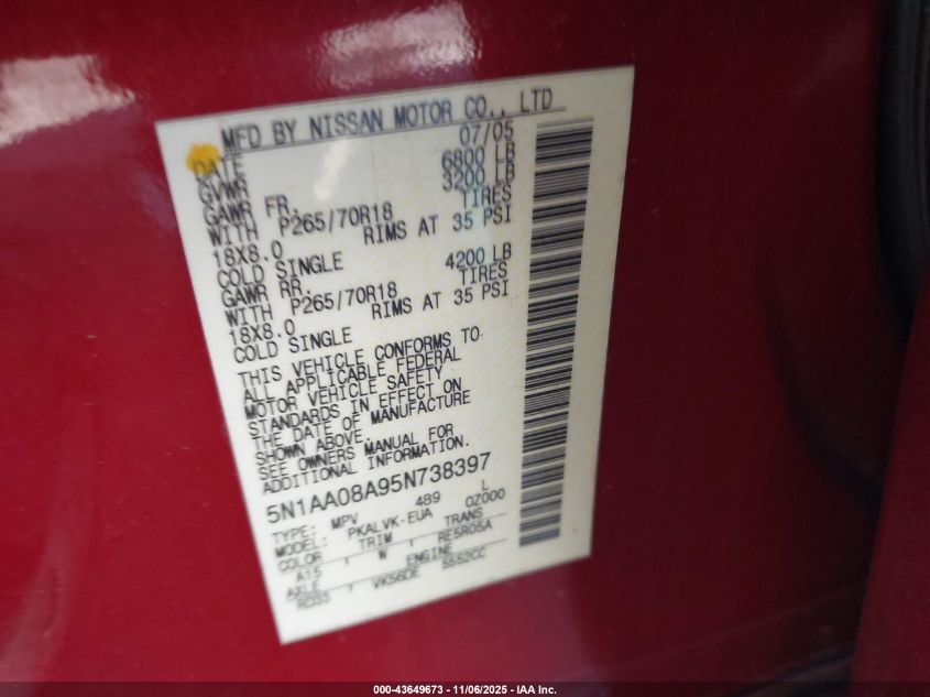 2005 Nissan Armada Le VIN: 5N1AA08A95N738397 Lot: 43649673