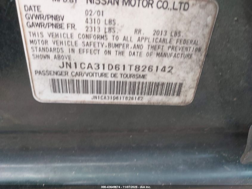 2001 Nissan Maxima Se VIN: JN1CA31D61T826142 Lot: 43649674