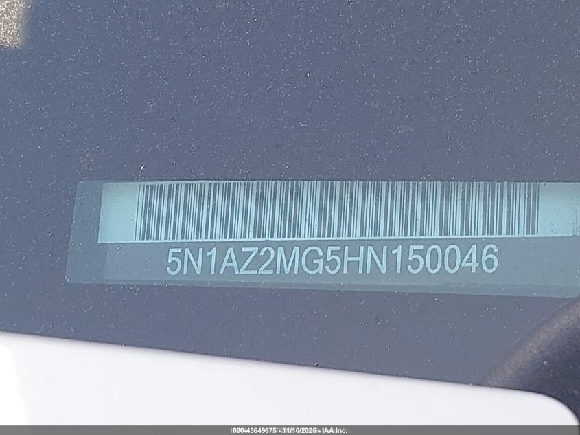 2017 Nissan Murano Sl VIN: 5N1AZ2MG5HN150046 Lot: 43649675
