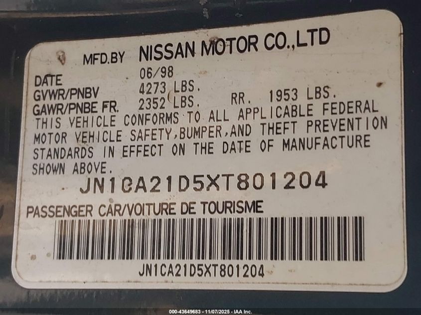 1999 Nissan Maxima Gle/Gxe/Se/Se-L VIN: JN1CA21D5XT801204 Lot: 43649683