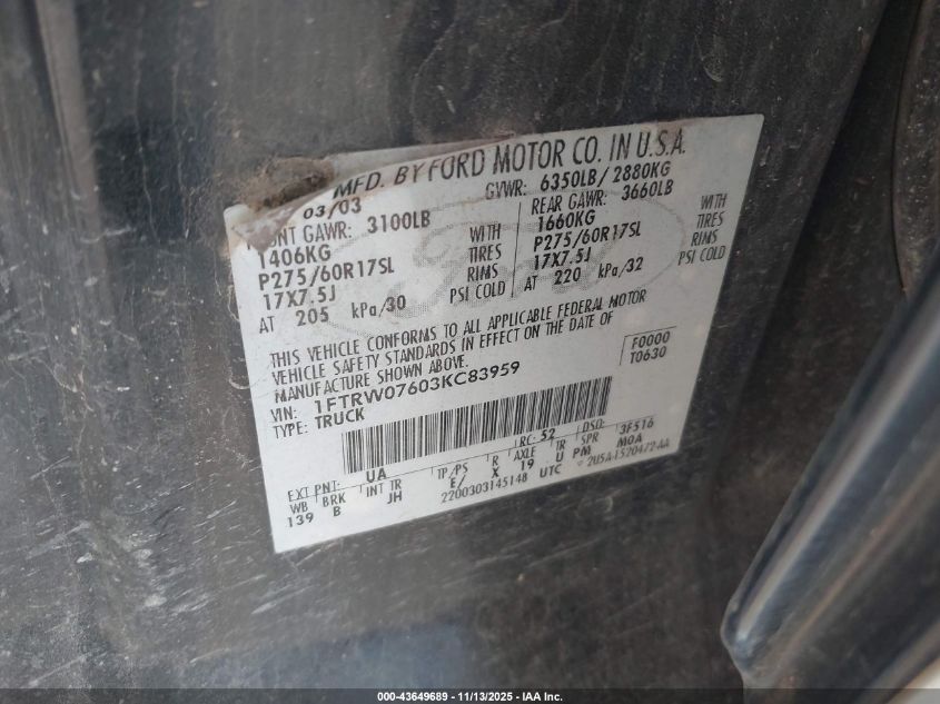 2003 Ford F-150 Lariat/Xlt VIN: 1FTRW07603KC83959 Lot: 43649689
