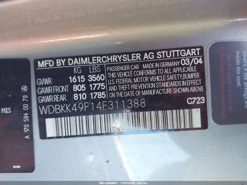 2004 Mercedes-Benz Slk 230 Kompressor VIN: WDBKK49F14F311388 Lot: 43649691