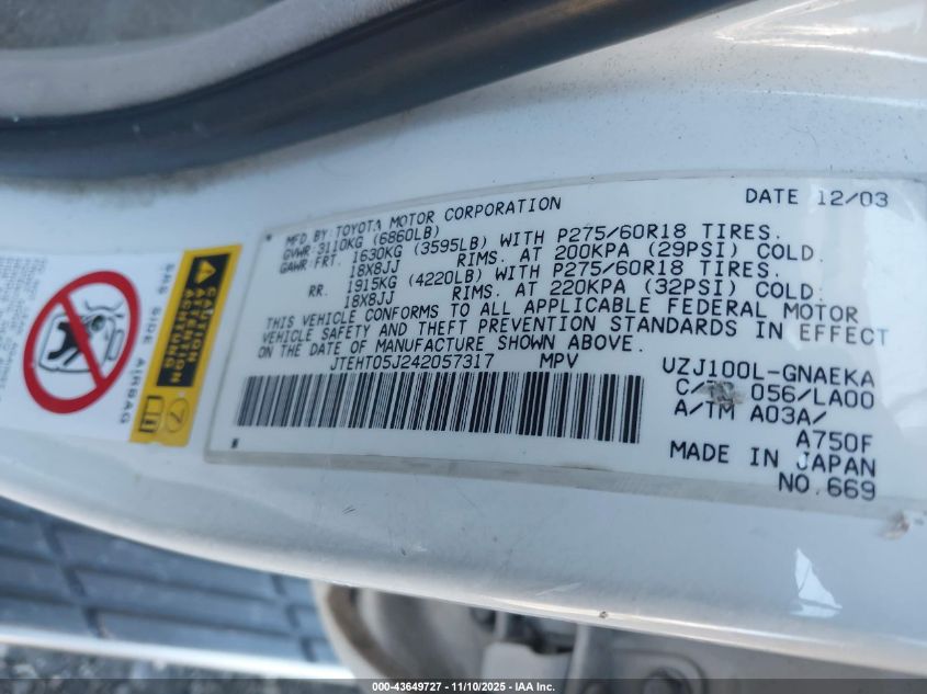 2004 Toyota Land Cruiser VIN: JTEHT05J242057317 Lot: 43649727