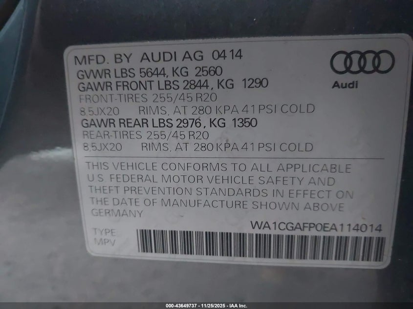 2014 Audi Sq5 3.0T Premium Plus VIN: WA1CGAFP0EA114014 Lot: 43649737