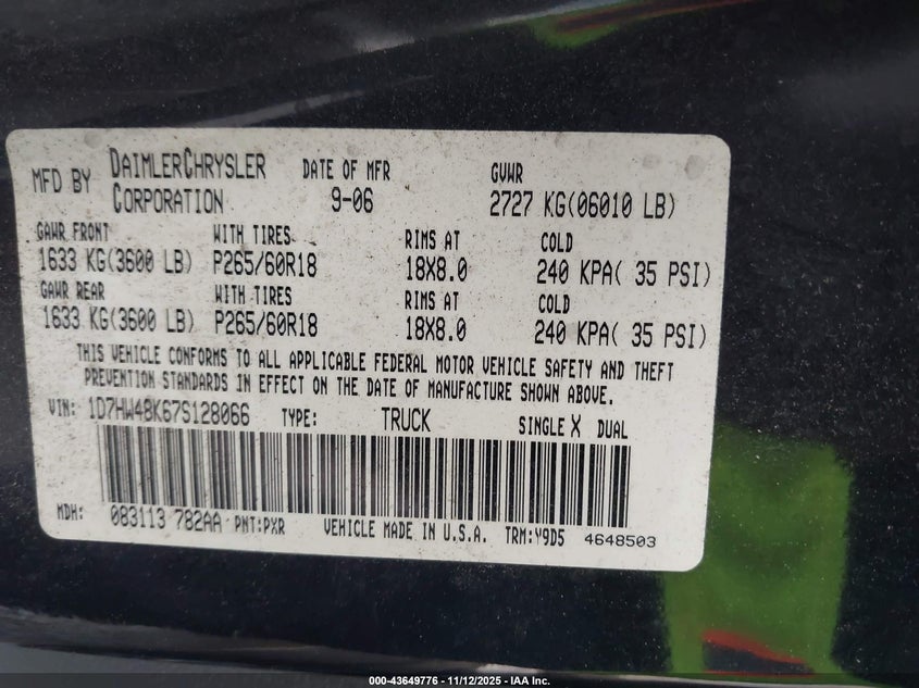 2007 Dodge Dakota Slt VIN: 1D7HW48K67S128066 Lot: 43649776