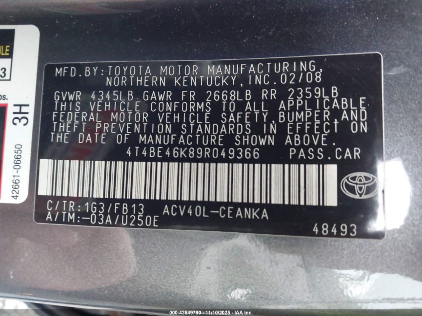 2009 Toyota Camry Le VIN: 4T4BE46K89R049366 Lot: 43649790