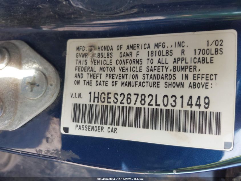 2002 Honda Civic Ex VIN: 1HGES26782L031449 Lot: 43649804
