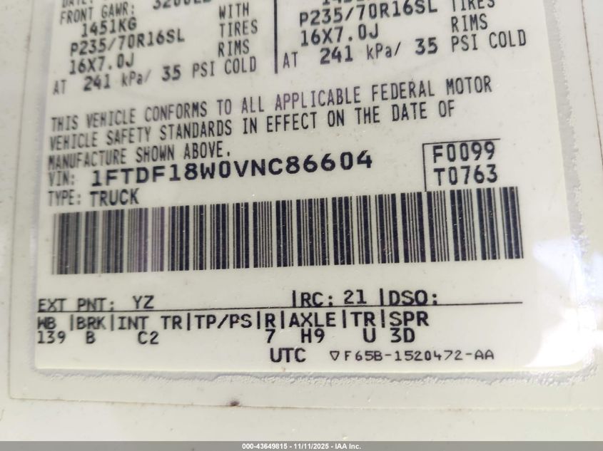 1997 Ford F-150 Lariat/Standard/Xl/Xlt VIN: 1FTDF18W0VNC86604 Lot: 43649815