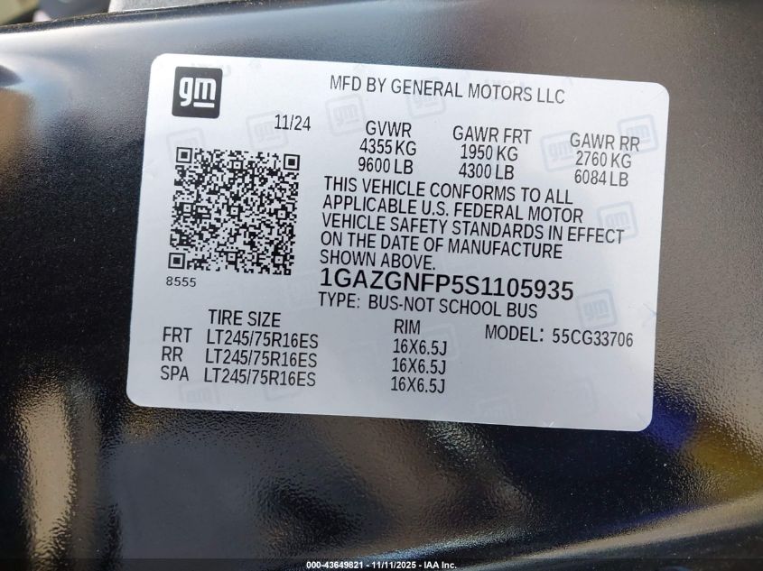 2025 Chevrolet Express Passenger Rwd 3500 Extended Wheelbase Ls VIN: 1GAZGNFP5S1105935 Lot: 43649821