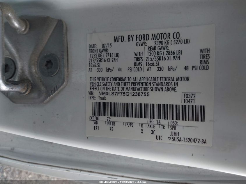 2016 Ford Transit Connect Xlt VIN: NM0LS7F75G1238755 Lot: 43649823