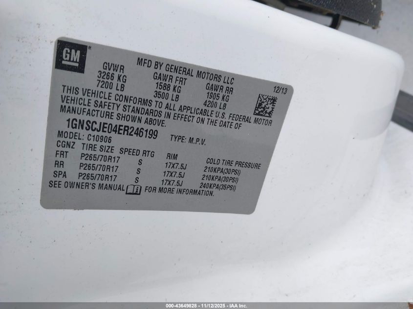 2014 Chevrolet Suburban 1500 Lt VIN: 1GNSCJE04ER246199 Lot: 43649828