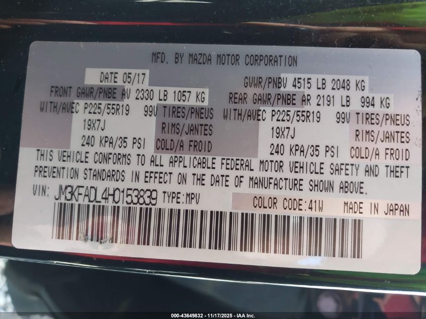 2017 Mazda Cx-5 Grand Touring VIN: JM3KFADL4H0153839 Lot: 43649832