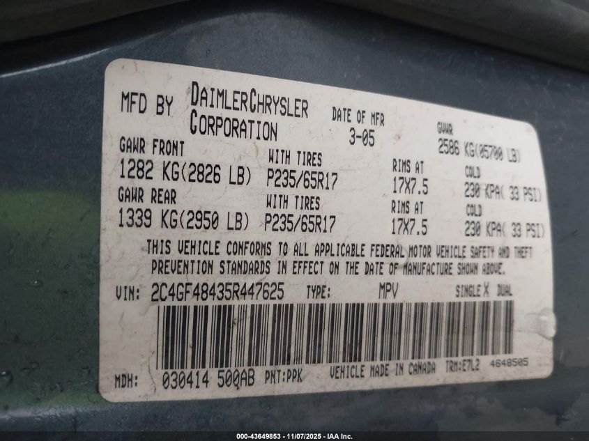 2005 Chrysler Pacifica VIN: 2C4GF48435R447625 Lot: 43649853