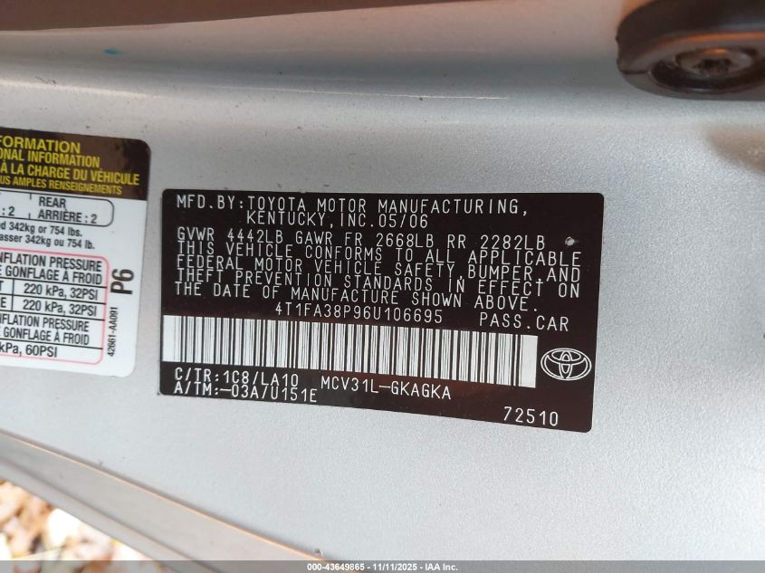 2006 Toyota Camry Solara Sle VIN: 4T1FA38P96U106695 Lot: 43649865