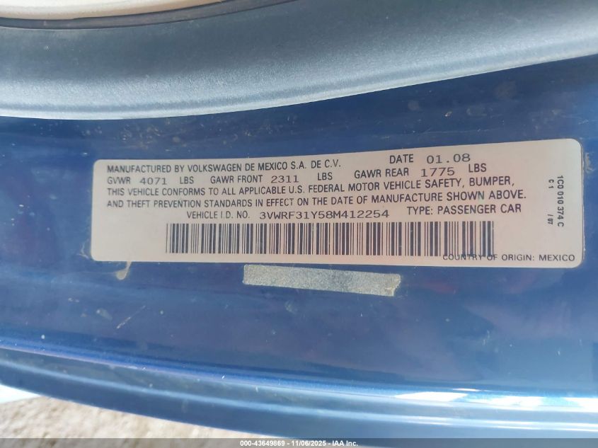 2008 Volkswagen New Beetle Se VIN: 3VWRF31Y58M412254 Lot: 43649869