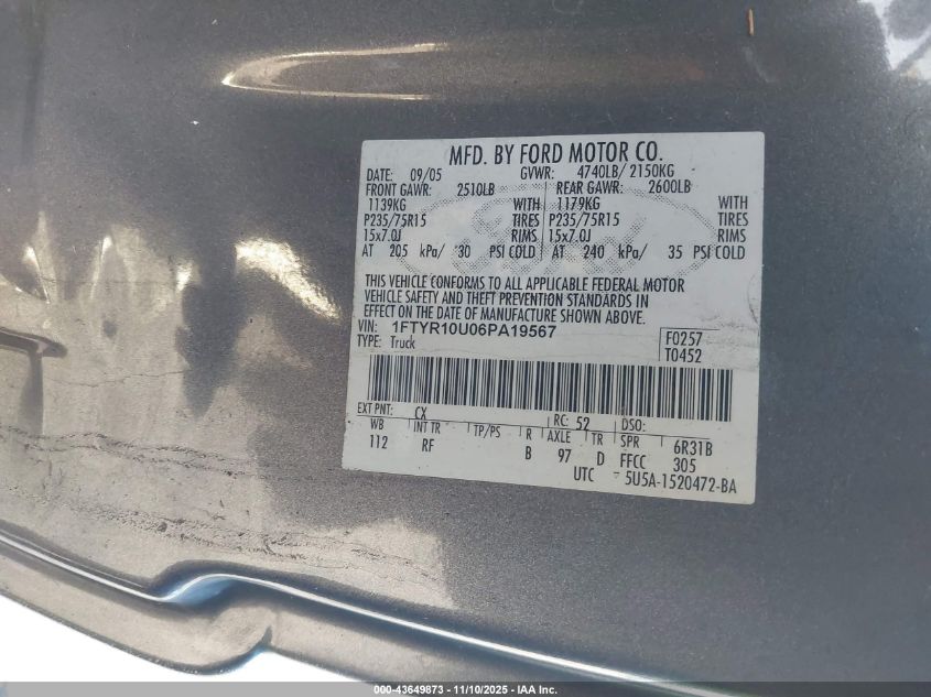 2006 Ford Ranger Sport/Stx/Xl/Xlt VIN: 1FTYR10U06PA19567 Lot: 43649873