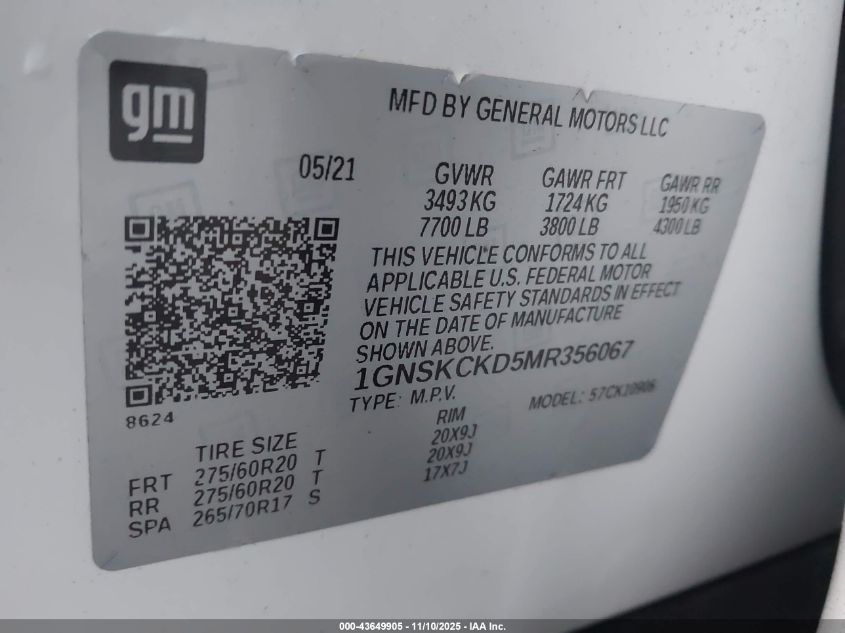 2021 Chevrolet Suburban 4Wd Lt VIN: 1GNSKCKD5MR356067 Lot: 43649905